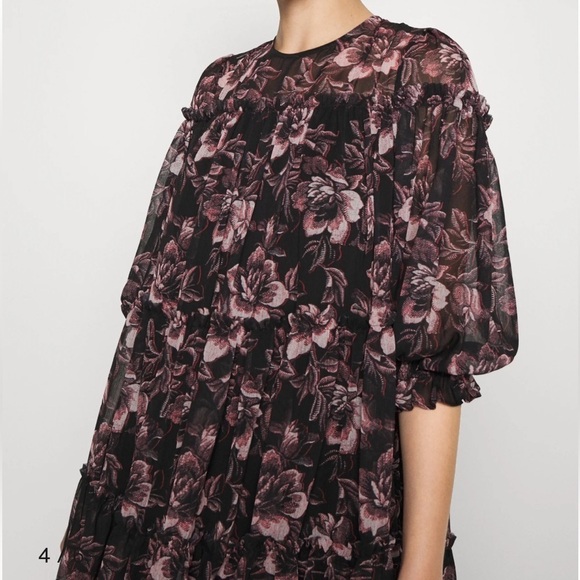 Ted Baker Mini Dress Size 8 Barnabe Black Floral Tiered Flounce Boho 3/4 Sleeves - Picture 7 of 9